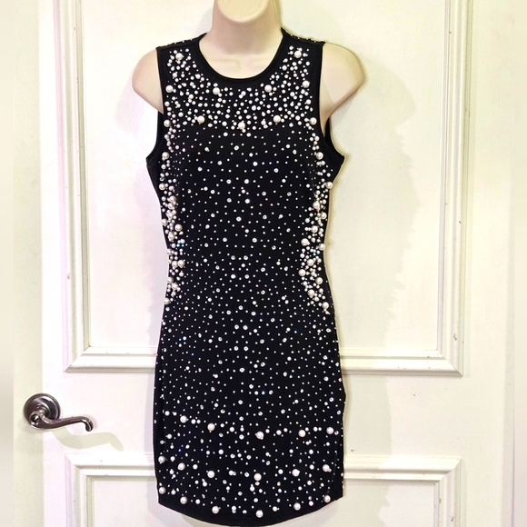 BANJUL Black Pearl & Rhinestone Embellished Sleeveless Bodycon Dress, Large, NWT - Picture 9 of 16